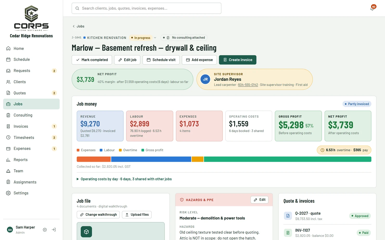 A job page showing revenue, labour, expenses and net profit