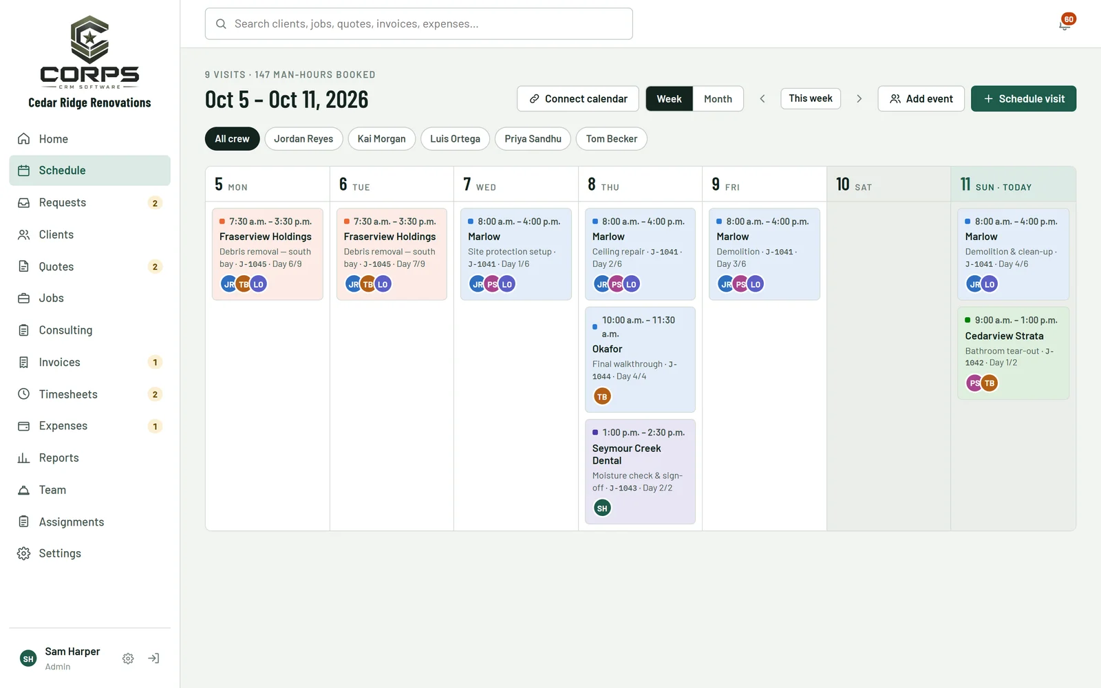 The week view of the schedule with each crew's visits